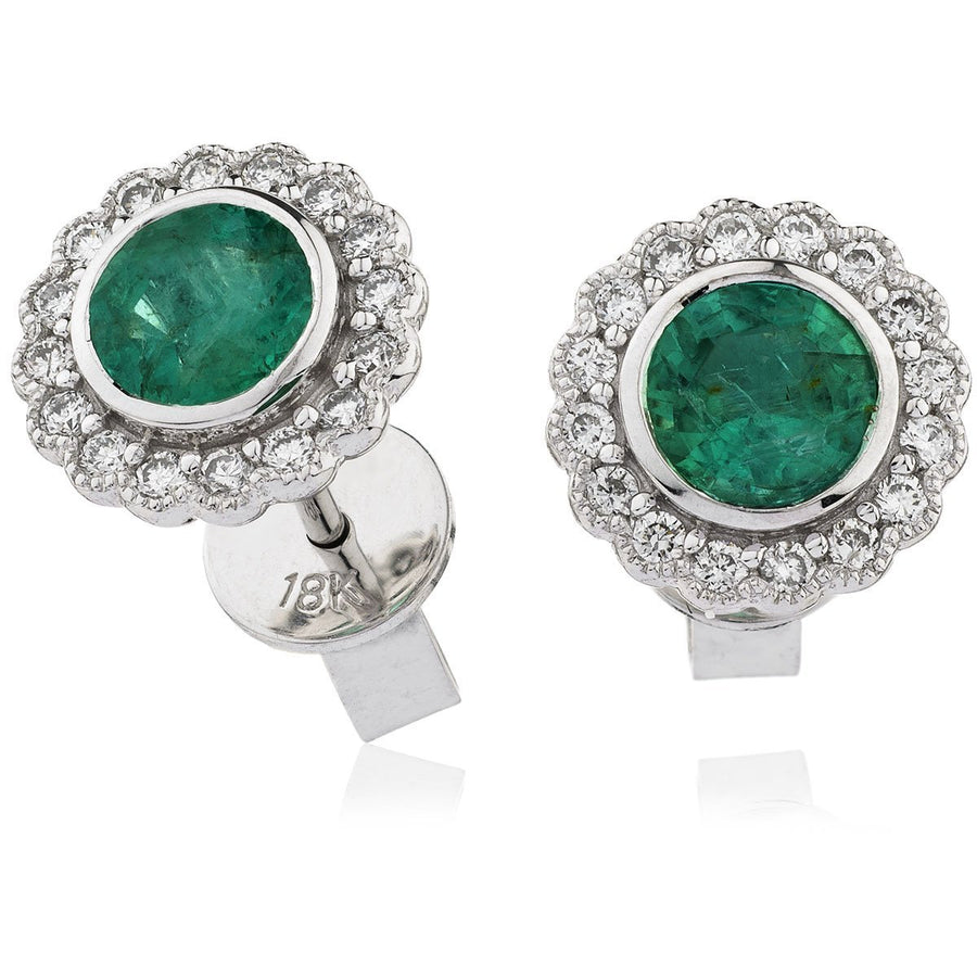 Emerald & Diamond Round Cluster Earrings 0.50ct in 18k White Gold - David Ashley