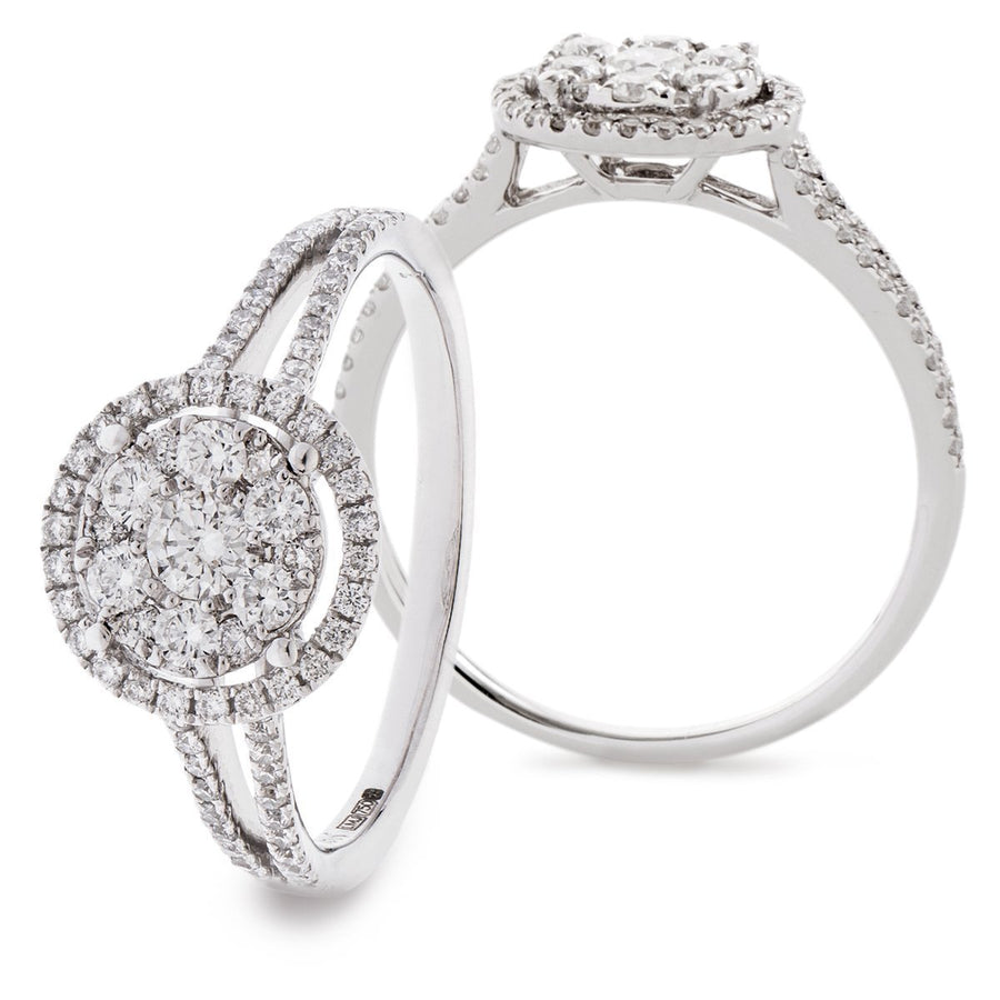 Halo Cluster Diamond Ring 0.65ct F-VS Quality in 18k White Gold - David Ashley