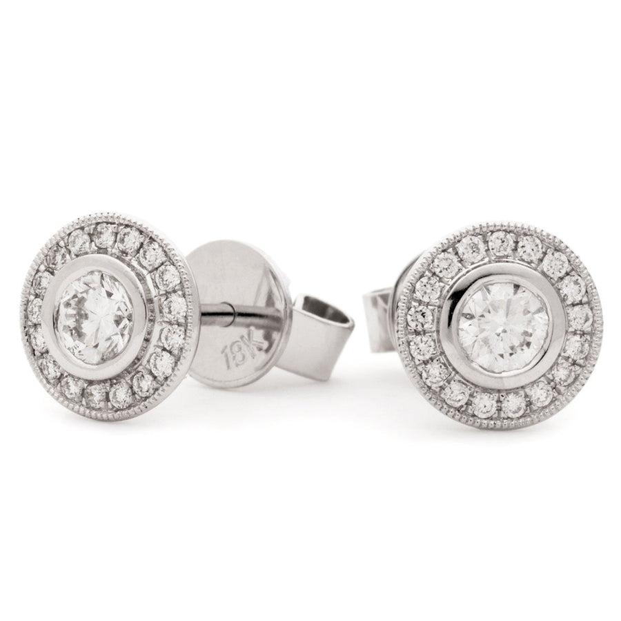 Modern Halo Diamond Earrings 0.70ct F-VS Quality in 18k White Gold - David Ashley