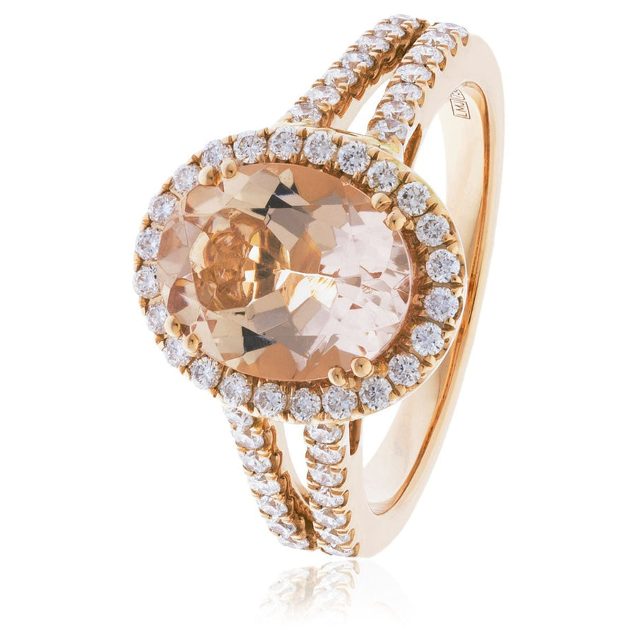 Morganite & Diamond Halo Ring 1.00ct F-VS Quality in 18k Rose Gold - David Ashley