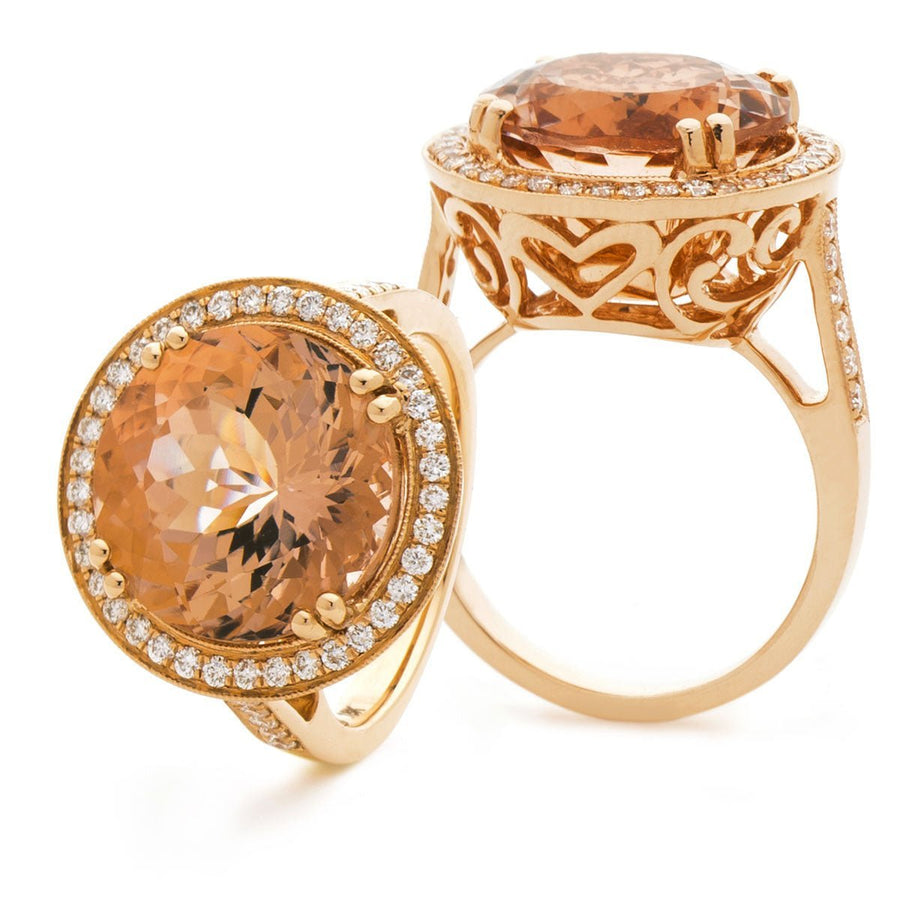 Morganite & Diamond Halo Ring 11.00ct F-VS Quality in 18k Rose Gold - David Ashley