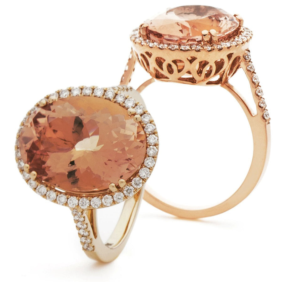 Morganite & Diamond Halo Ring 13.50ct F-VS Quality in 18k Rose Gold - David Ashley