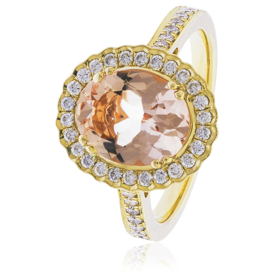 Morganite & Diamond Halo Ring 1.40ct F-VS Quality in 18k Yellow Gold - David Ashley