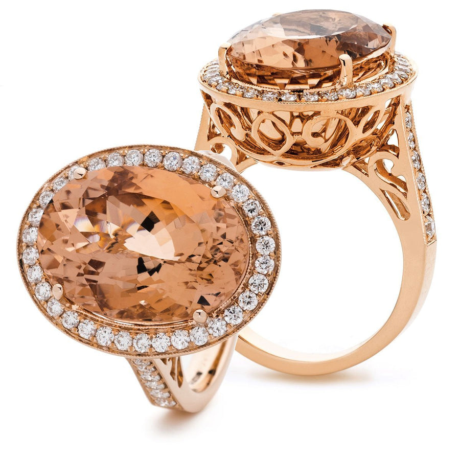 Morganite & Diamond Halo Ring 14.10ct F-VS Quality in 18k Rose Gold - David Ashley