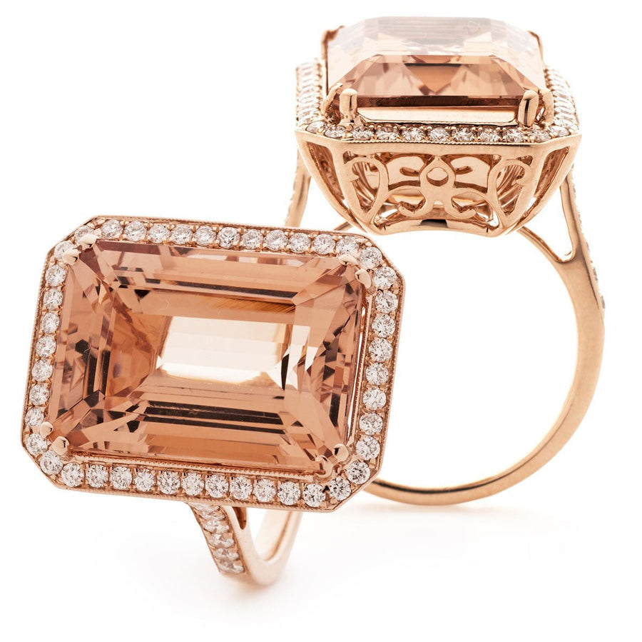 Morganite & Diamond Halo Ring 17.89ct F-VS Quality in 18k Rose Gold - David Ashley