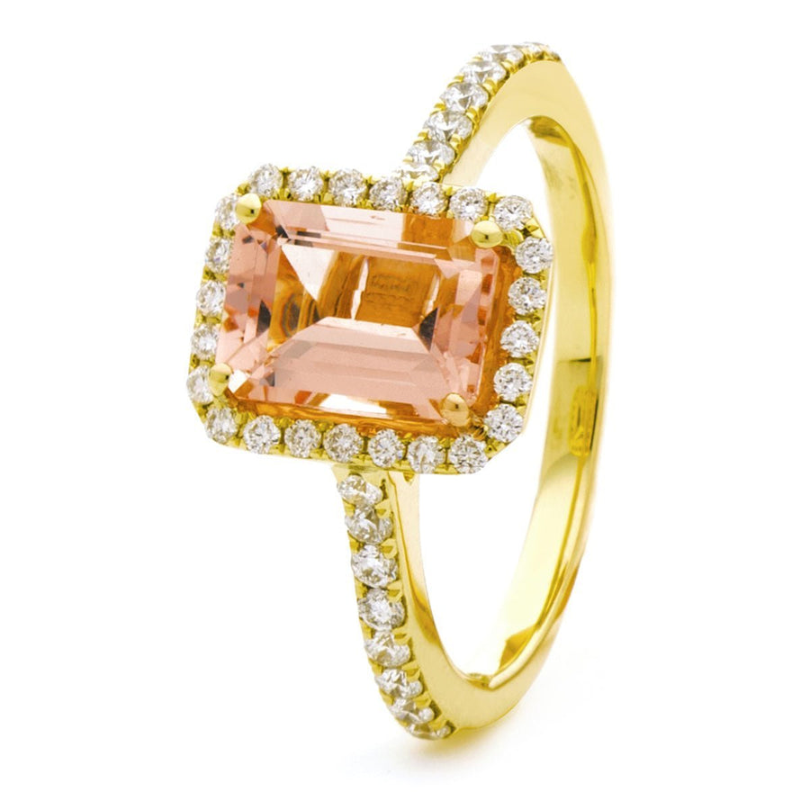 Morganite & Diamond Halo Ring 2.00ct F-VS Quality in 18k Yellow Gold - David Ashley