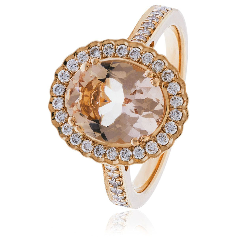 Morganite & Diamond Halo Ring 2.30ct F-VS Quality in 18k Rose Gold - David Ashley