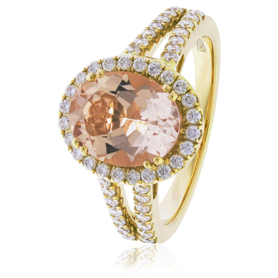 Morganite & Diamond Halo Ring 2.70ct F-VS Quality in 18k Yellow Gold - David Ashley