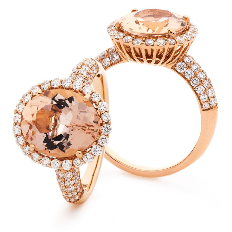 Morganite & Diamond Halo Ring 4.85ct F-VS Quality in 18k Rose Gold - David Ashley