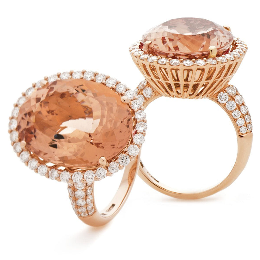 Morganite & Diamond Halo Ring 6.60ct F-VS Quality in 18k Rose Gold - David Ashley