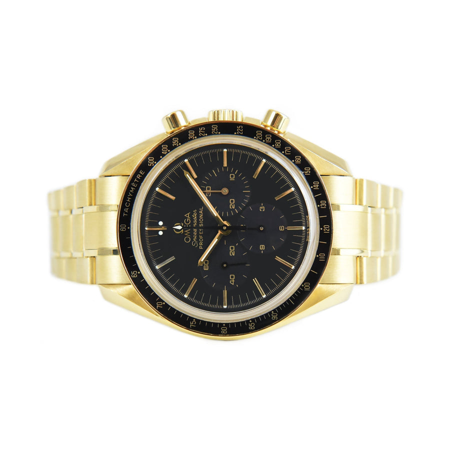 Omega Speedmaster Moonwatch Chronograph Black Dial 18K Yellow Gold Ref: 3195.50.00 - David Ashley