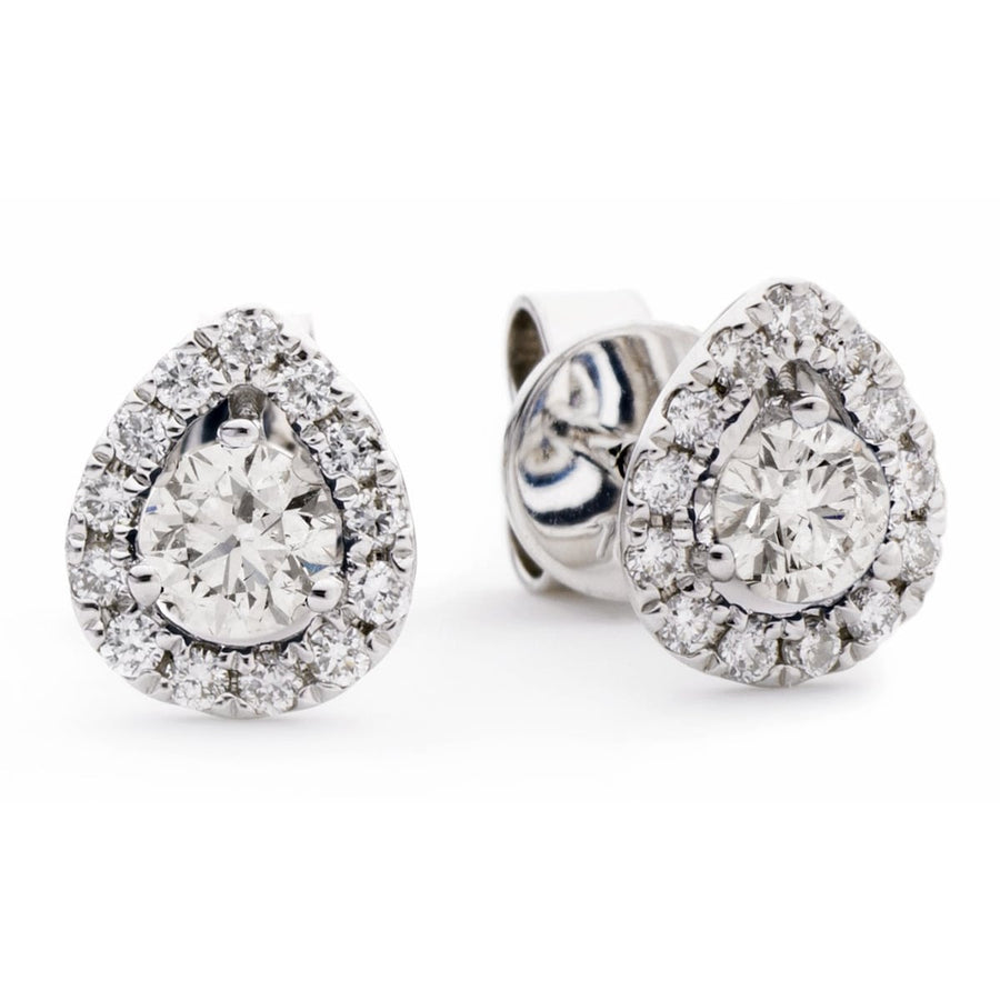 Pear Halo Diamond Earrings 0.60ct F-VS Quality in 18k White Gold - David Ashley