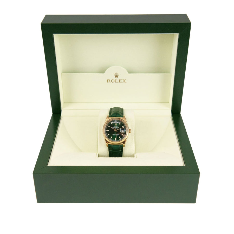 Pre-Owned Rolex Day-Date Green Dial Leather Strap Ref: 118138 - David Ashley