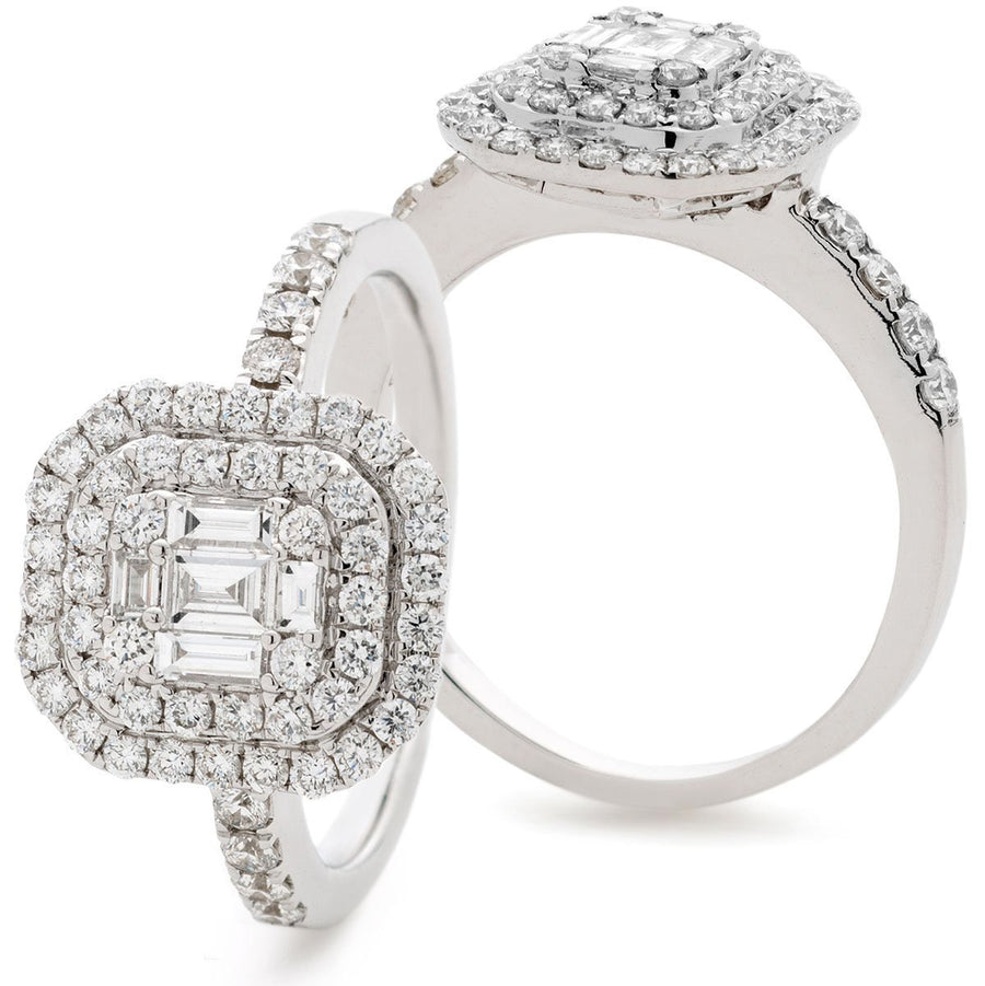 Rectangle Diamond Halo Cluster Ring 0.90ct F-VS Quality 18k White Gold - David Ashley