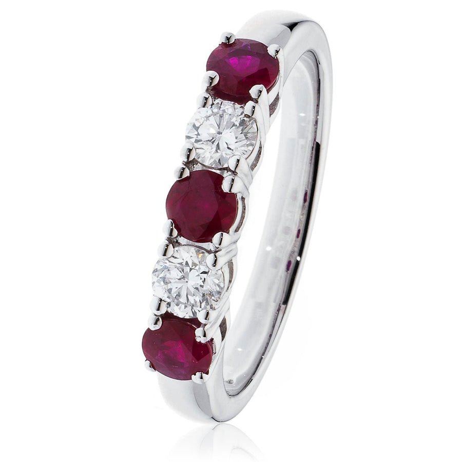 Ruby & Diamond 5 Stone Ring 0.85ct F-VS Quality in 18k White Gold - David Ashley