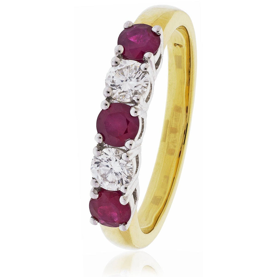 Ruby & Diamond 5 Stone Ring 0.85ct F-VS Quality in 18k Yellow Gold - David Ashley