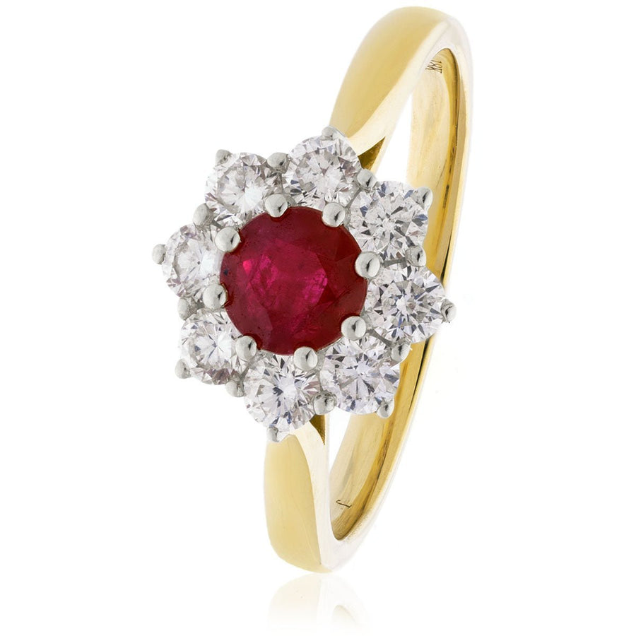 Ruby & Diamond Cluster Ring 0.65ct F-VS Quality in 18k Yellow Gold - David Ashley