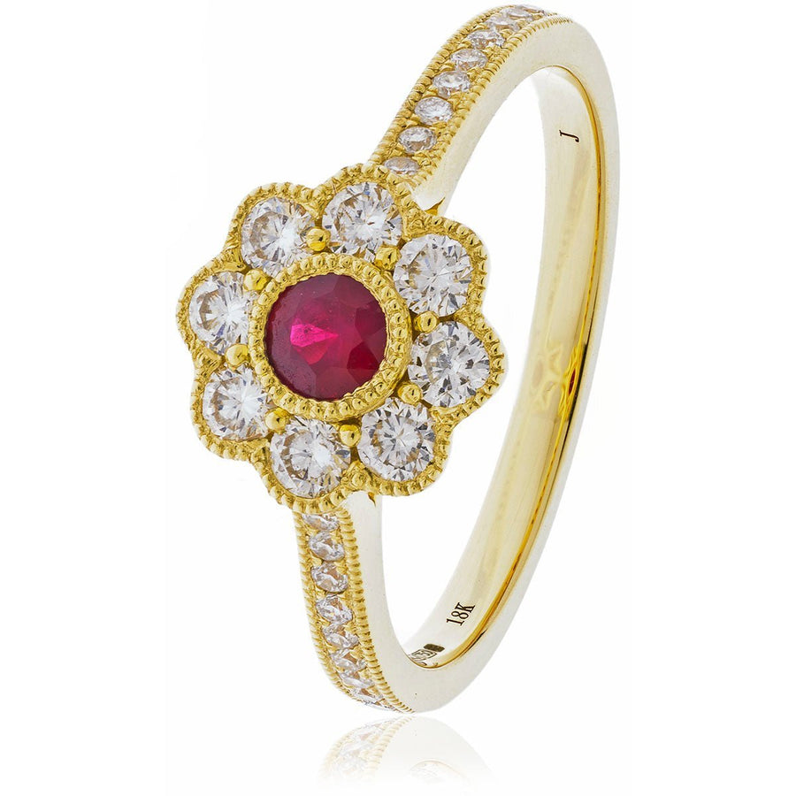 Ruby & Diamond Cluster Ring 0.75ct F-VS Quality in 18k Yellow Gold - David Ashley