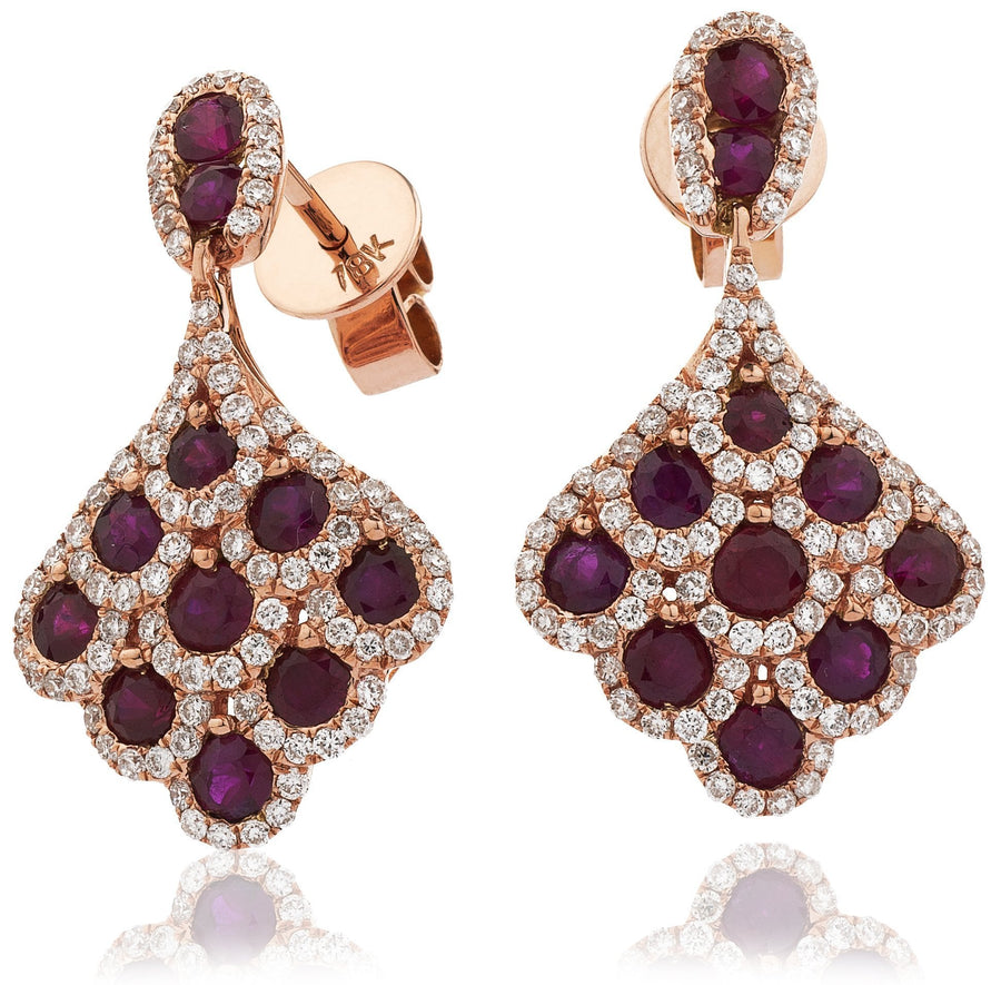 Ruby & Diamond Drop Earrings 2.20ct in 18k Rose Gold - David Ashley