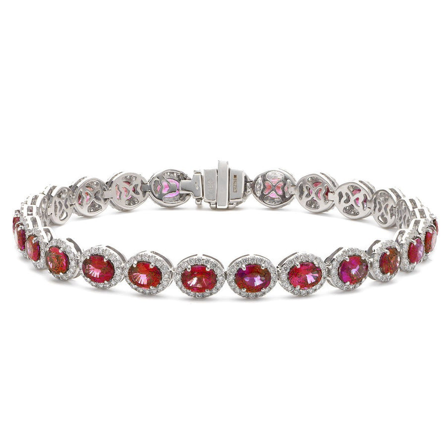 Ruby & Diamond Halo Bracelet 12.34ct F VS Quality in 18k White Gold - David Ashley