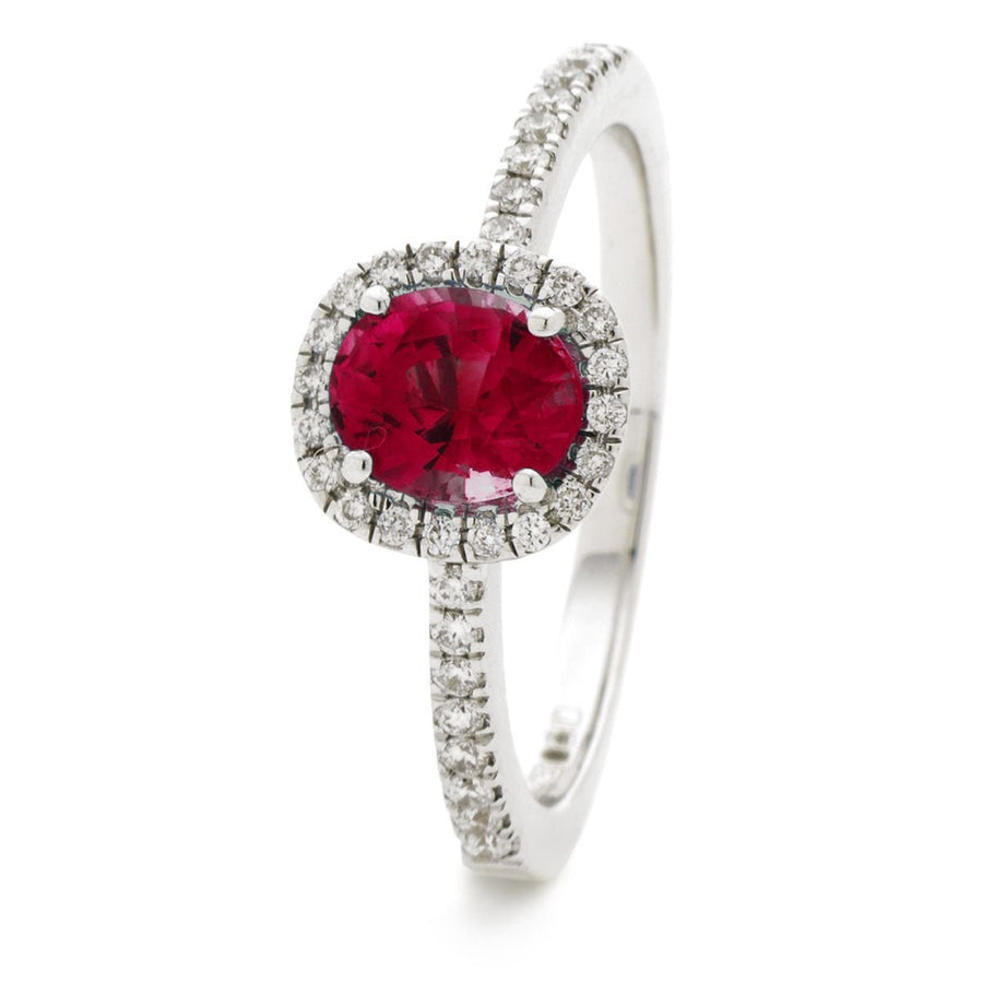 Ruby & Diamond Halo Engagement Ring 0.95ct F-VS Quality 18k White Gold - David Ashley