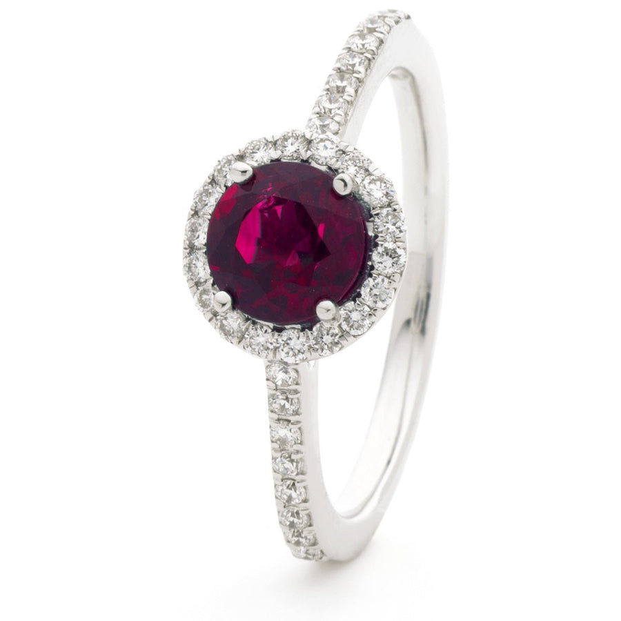 Ruby & Diamond Halo Engagement Ring 1.20ct F-VS Quality 18k White Gold - David Ashley