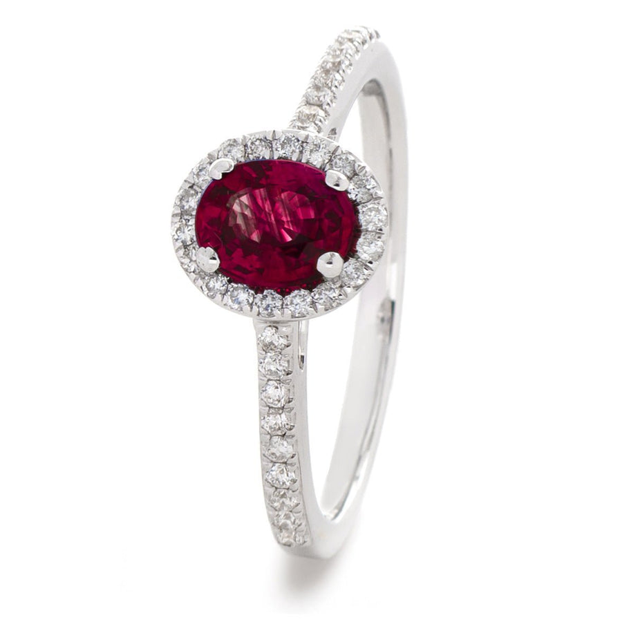 Ruby & Diamond Halo Engagement Ring 1.25ct F-VS Quality 18k White Gold - David Ashley