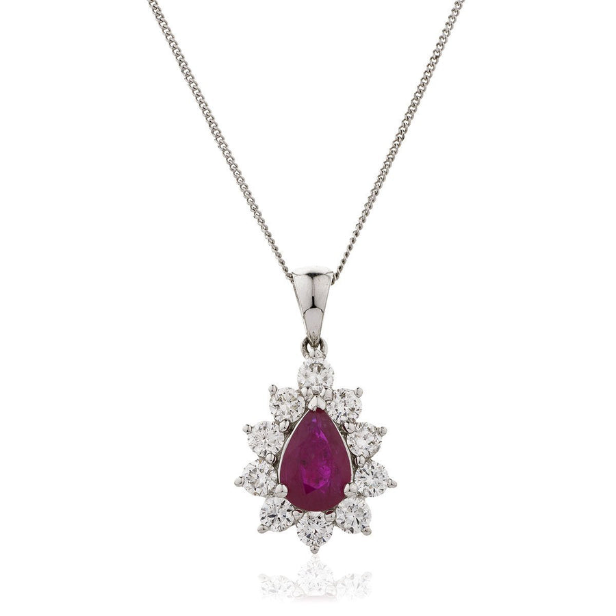 Ruby & Diamond Halo Necklace 0.65ct F VS Quality in 18k White Gold - David Ashley