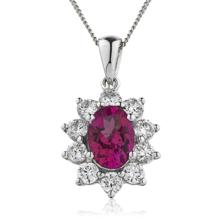 Ruby & Diamond Halo Necklace 0.80ct F VS Quality in 18k White Gold - David Ashley