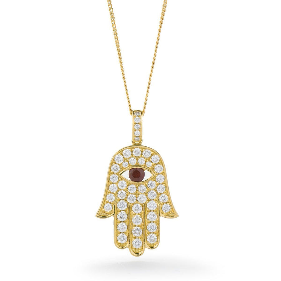 Ruby & Diamond Hamsa Necklace 0.60ct F VS Quality in 18k Yellow Gold - David Ashley