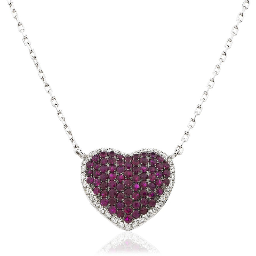 Ruby & Diamond Heart Necklace 1.15ct F VS Quality in 18k White Gold - David Ashley
