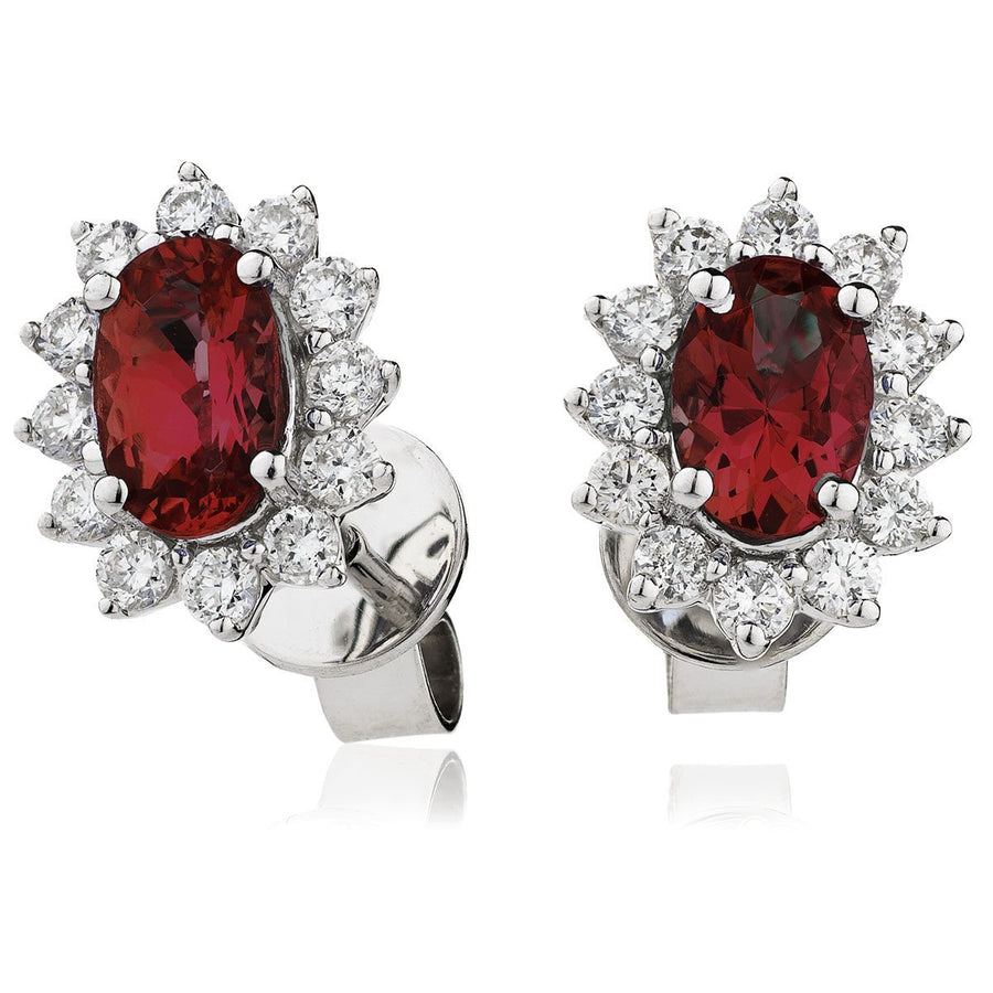 Ruby & Diamond Oval Cluster Earrings 1.60ct in 18k White Gold - David Ashley