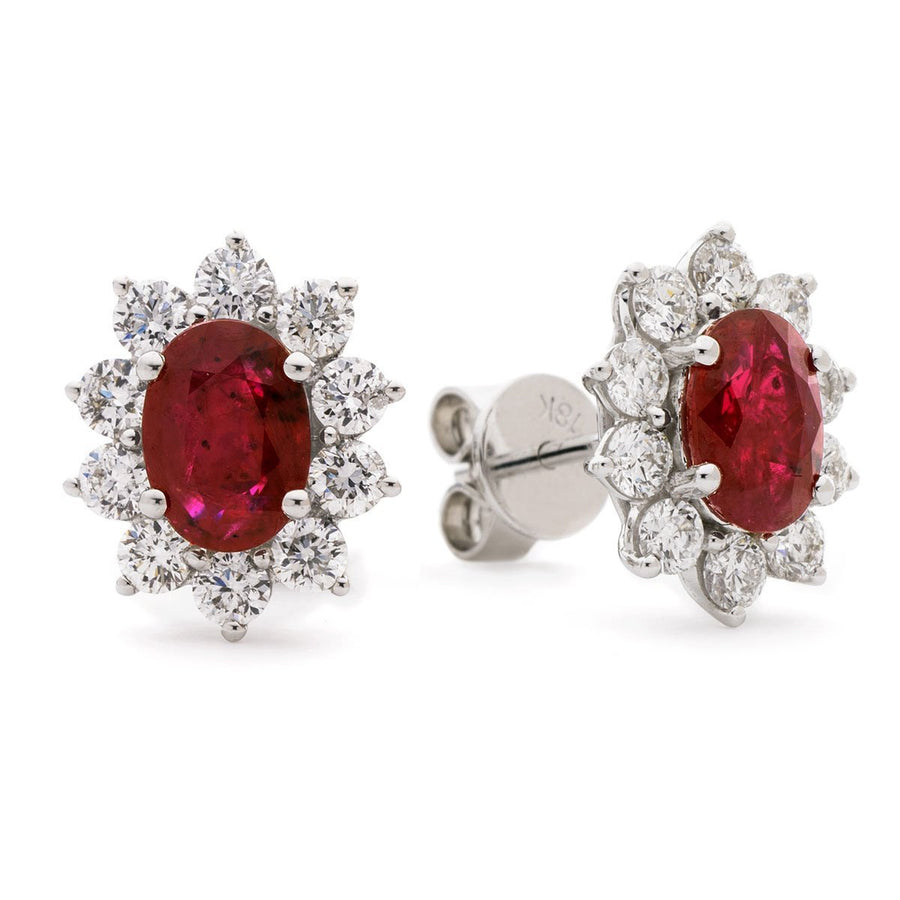 Ruby & Diamond Oval Cluster Earrings 3.20ct in 18k White Gold - David Ashley