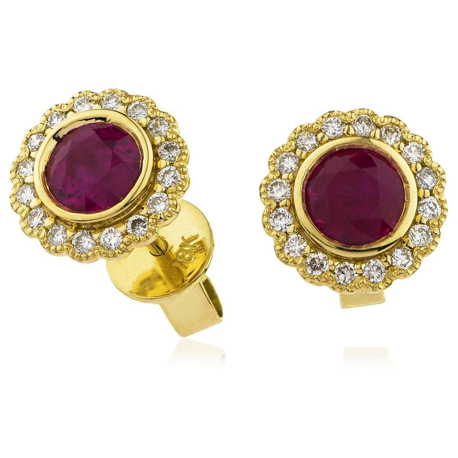 Ruby & Diamond Round Cluster Earrings 0.50ct in 18k Yellow Gold - David Ashley