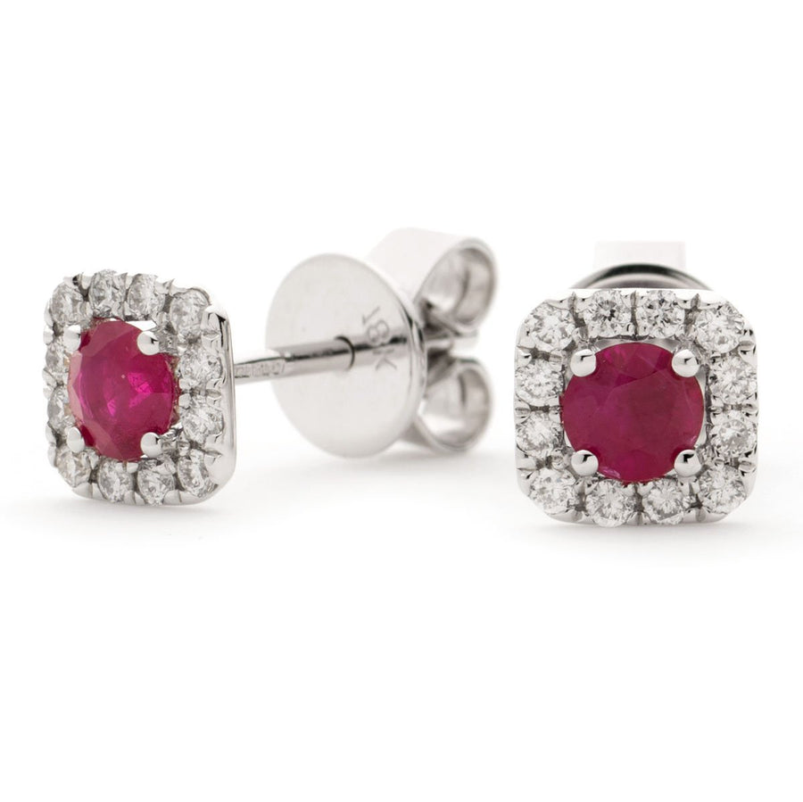 Ruby & Diamond Square Cluster Earrings 0.60ct in 18k White Gold - David Ashley