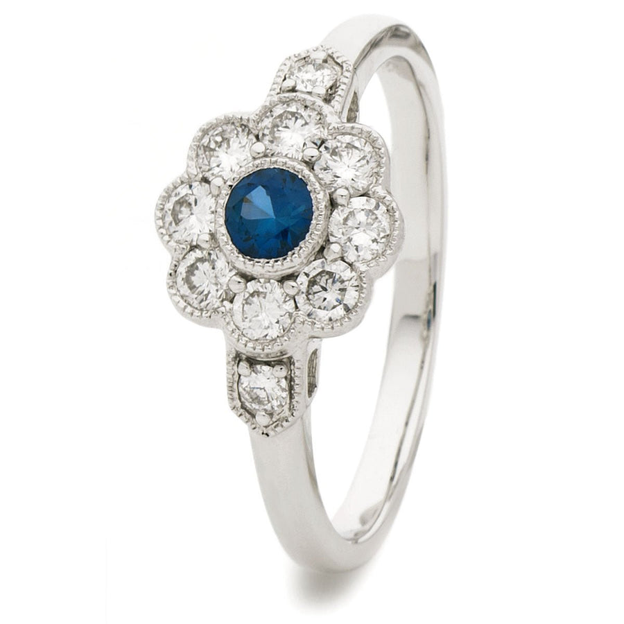 Sapphire & Diamond Cluster Ring 0.60ct F-VS Quality in 18k White Gold - David Ashley