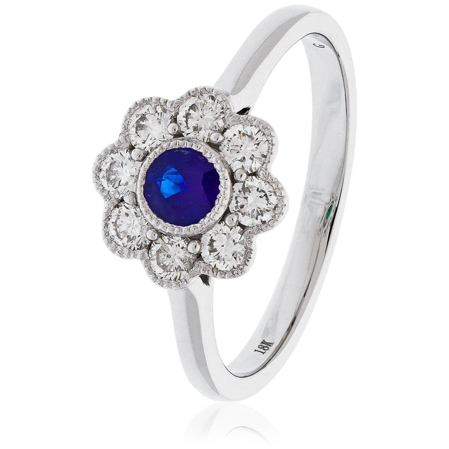 Sapphire & Diamond Cluster Ring 0.65ct F-VS Quality in 18k White Gold - David Ashley