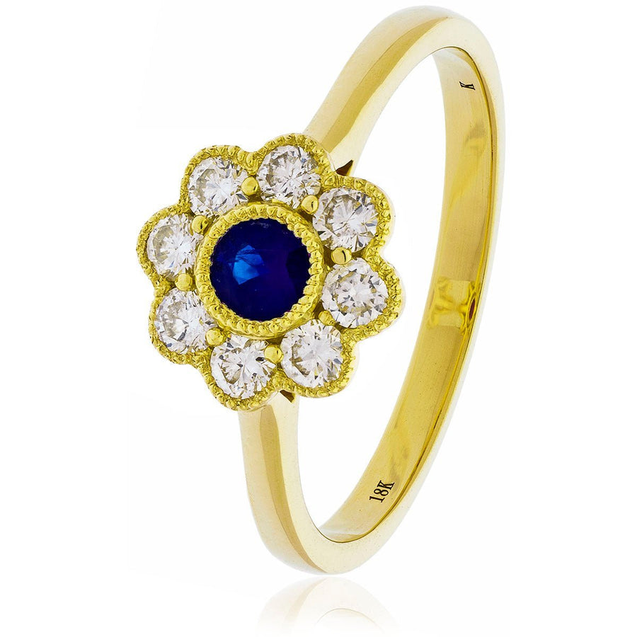 Sapphire & Diamond Cluster Ring 0.65ct F-VS Quality in 18k Yellow Gold - David Ashley