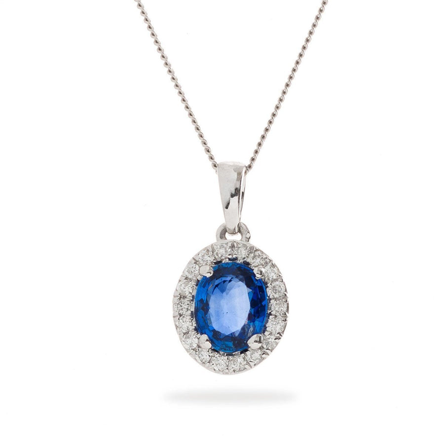 Sapphire & Diamond Halo Necklace 0.75ct F VS Quality in 18k White Gold - David Ashley