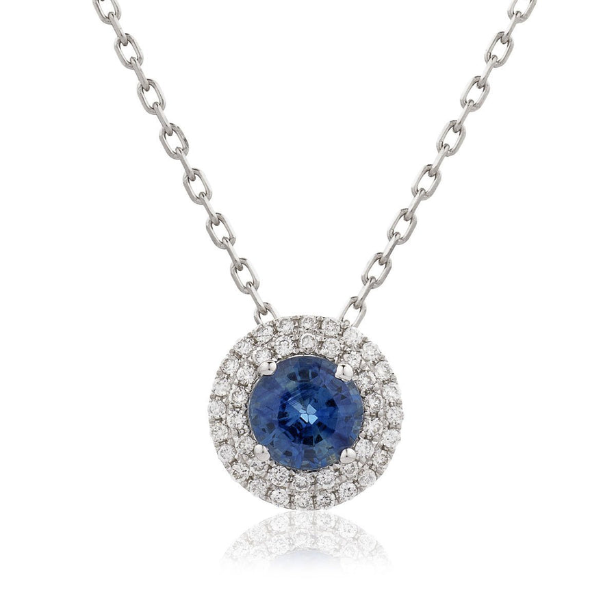 Sapphire & Diamond Halo Necklace 0.96ct F VS Quality in 18k White Gold - David Ashley