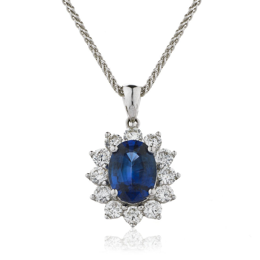 Sapphire & Diamond Halo Necklace 2.00ct F VS Quality in 18k White Gold - David Ashley
