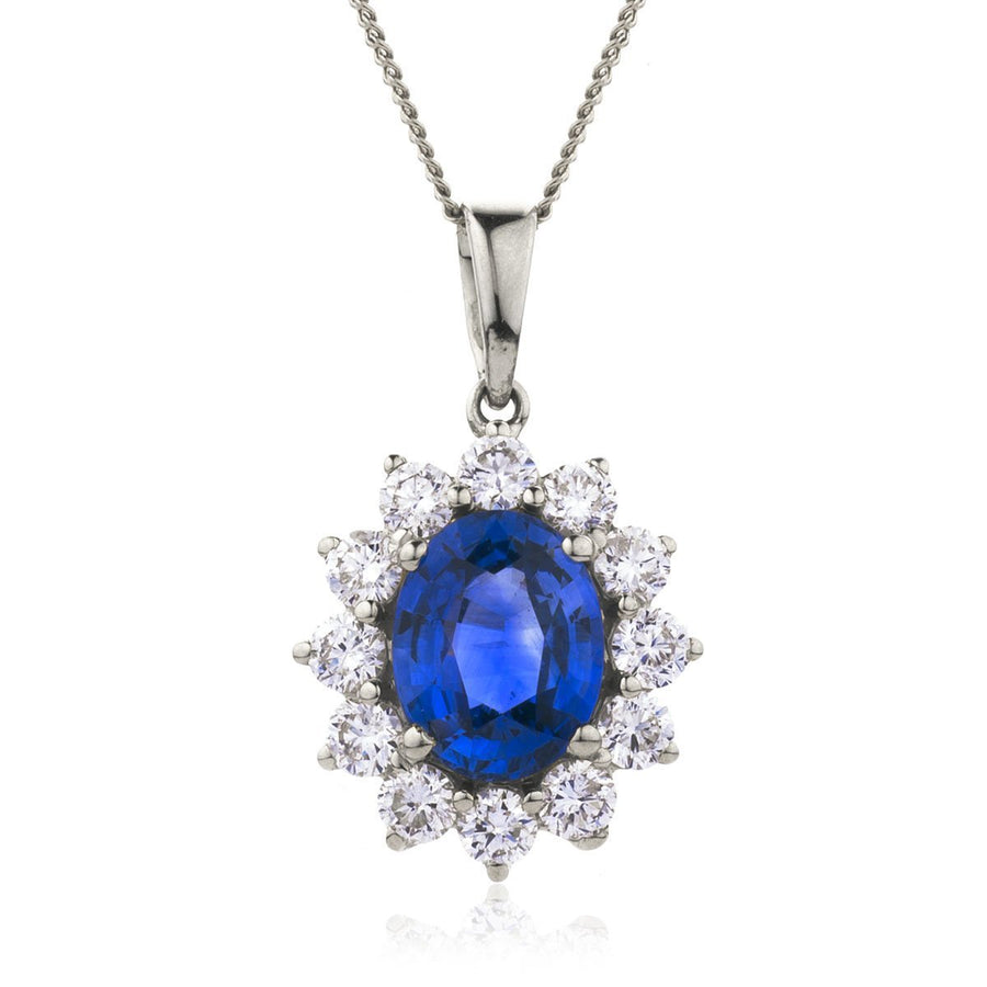 Sapphire & Diamond Halo Necklace 2.50ct F VS Quality in 18k White Gold - David Ashley