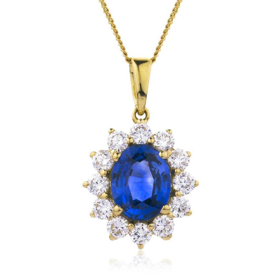 Sapphire & Diamond Halo Necklace 2.50ct F VS Quality in 18k Yellow Gold - David Ashley