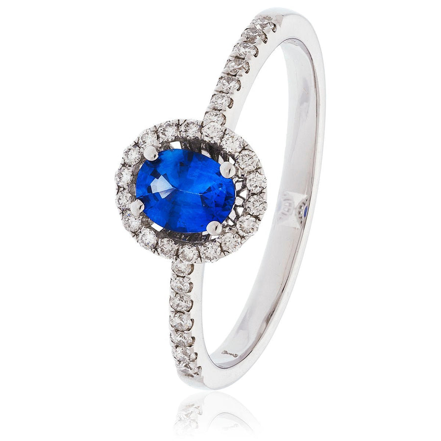Sapphire & Diamond Halo Ring 0.68ct F-VS Quality in 18k White Gold - David Ashley