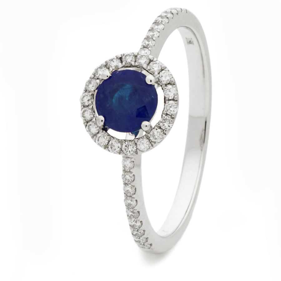 Sapphire & Diamond Halo Ring 0.80ct F-VS Quality in 18k White Gold - David Ashley