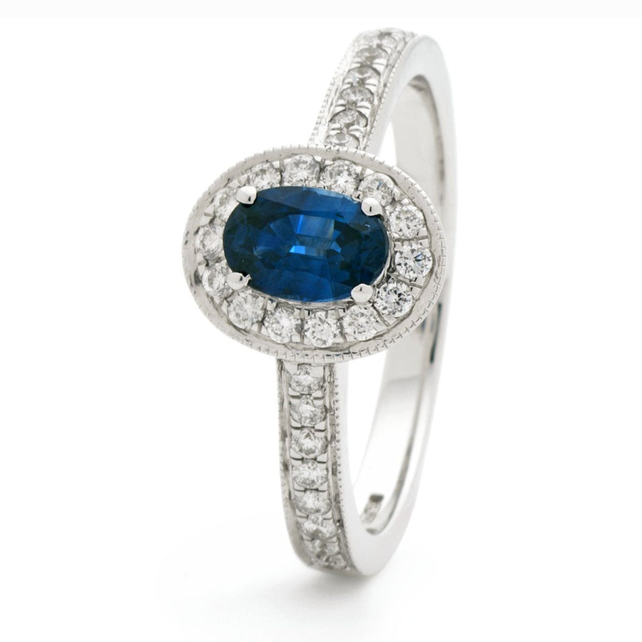 Sapphire & Diamond Halo Ring 1.00ct F-VS Quality in 18k White Gold - David Ashley