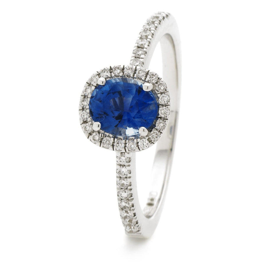 Sapphire & Diamond Halo Ring 1.10ct F-VS Quality in 18k White Gold - David Ashley