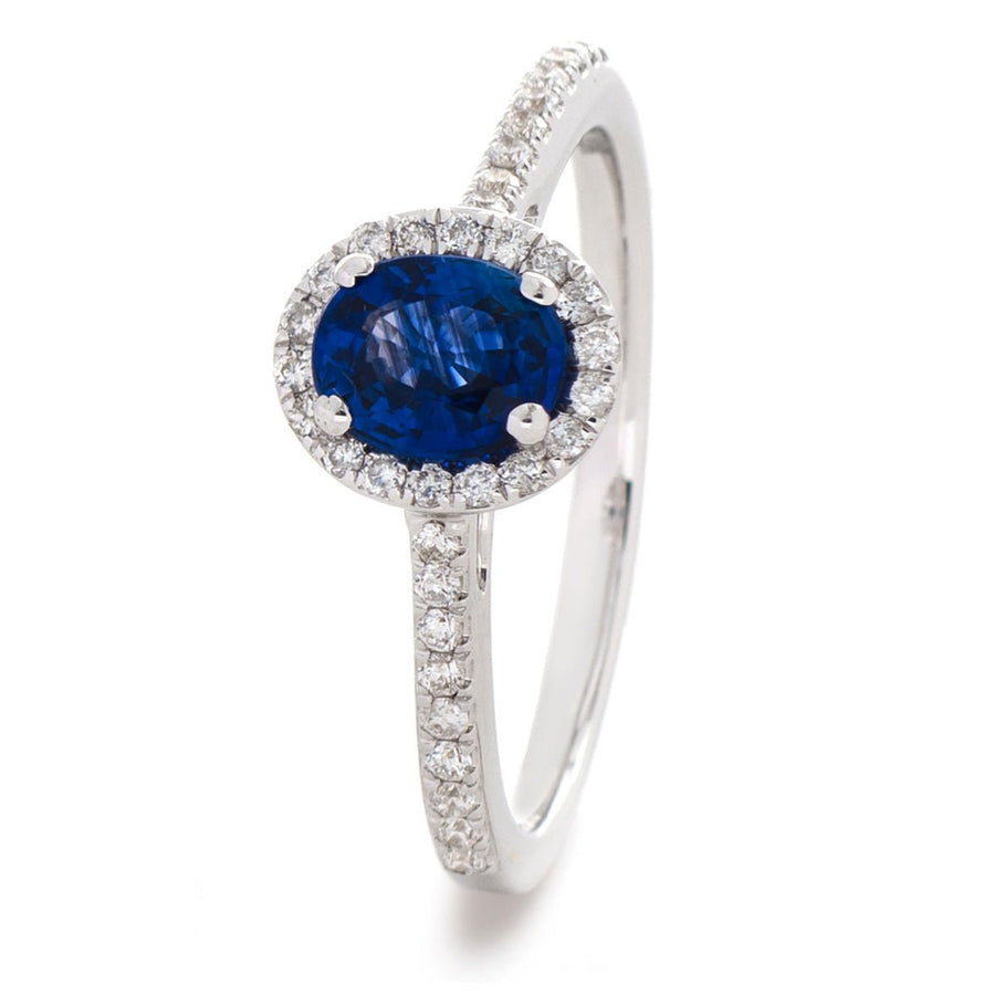 Sapphire & Diamond Halo Ring 1.30ct F-VS Quality in 18k White Gold - David Ashley