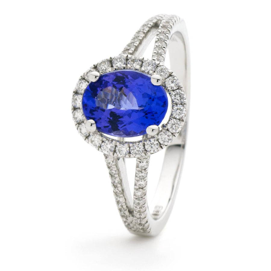 Sapphire & Diamond Halo Ring 1.45ct F-VS Quality in 18k White Gold - David Ashley
