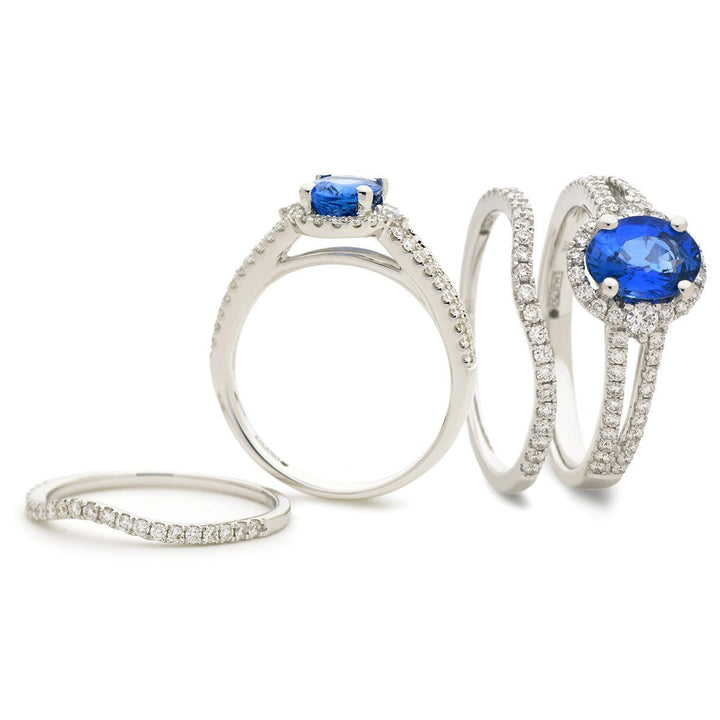 Sapphire & Diamond Halo Ring 2.05ct F-VS Quality in 18k White Gold - David Ashley